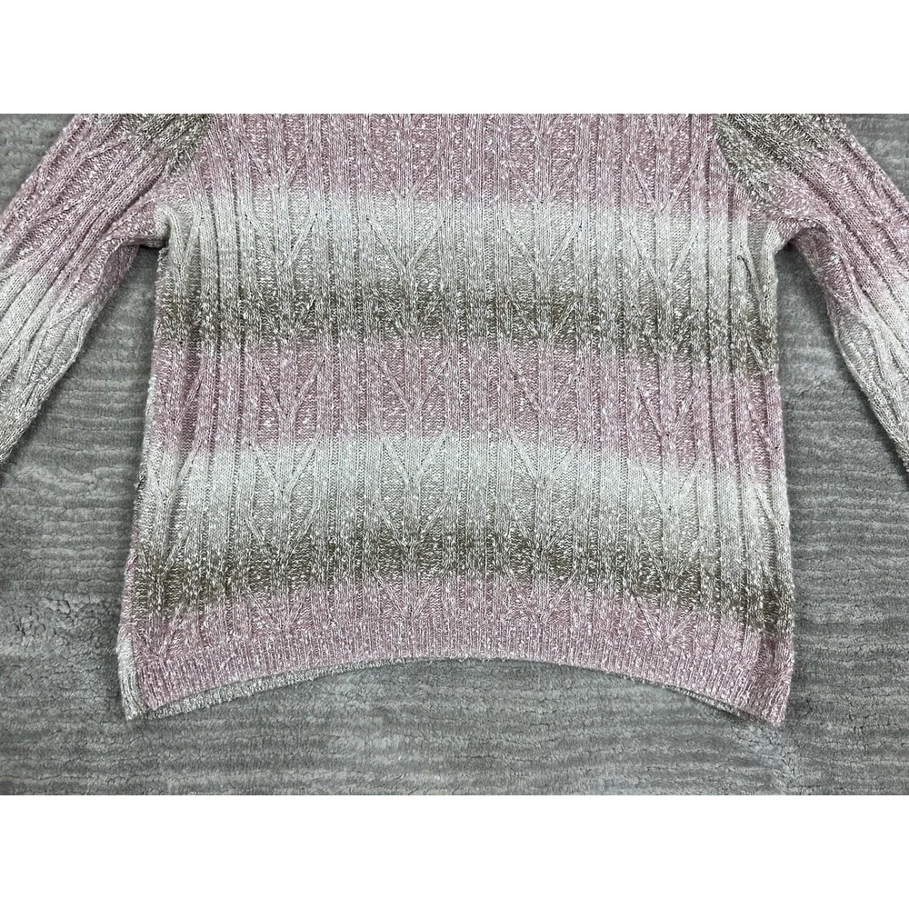 Alfred Dunner Sweater Women M Pink Ombre Cable Knit Beaded Split Neck 3/4 Sleeve